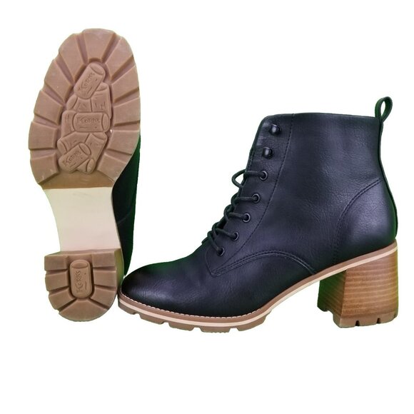 ✅Korks Women's Black Faux Leather Block Heel Lace Up Ankle Boots Womens 9M Biker - Picture 2 of 11